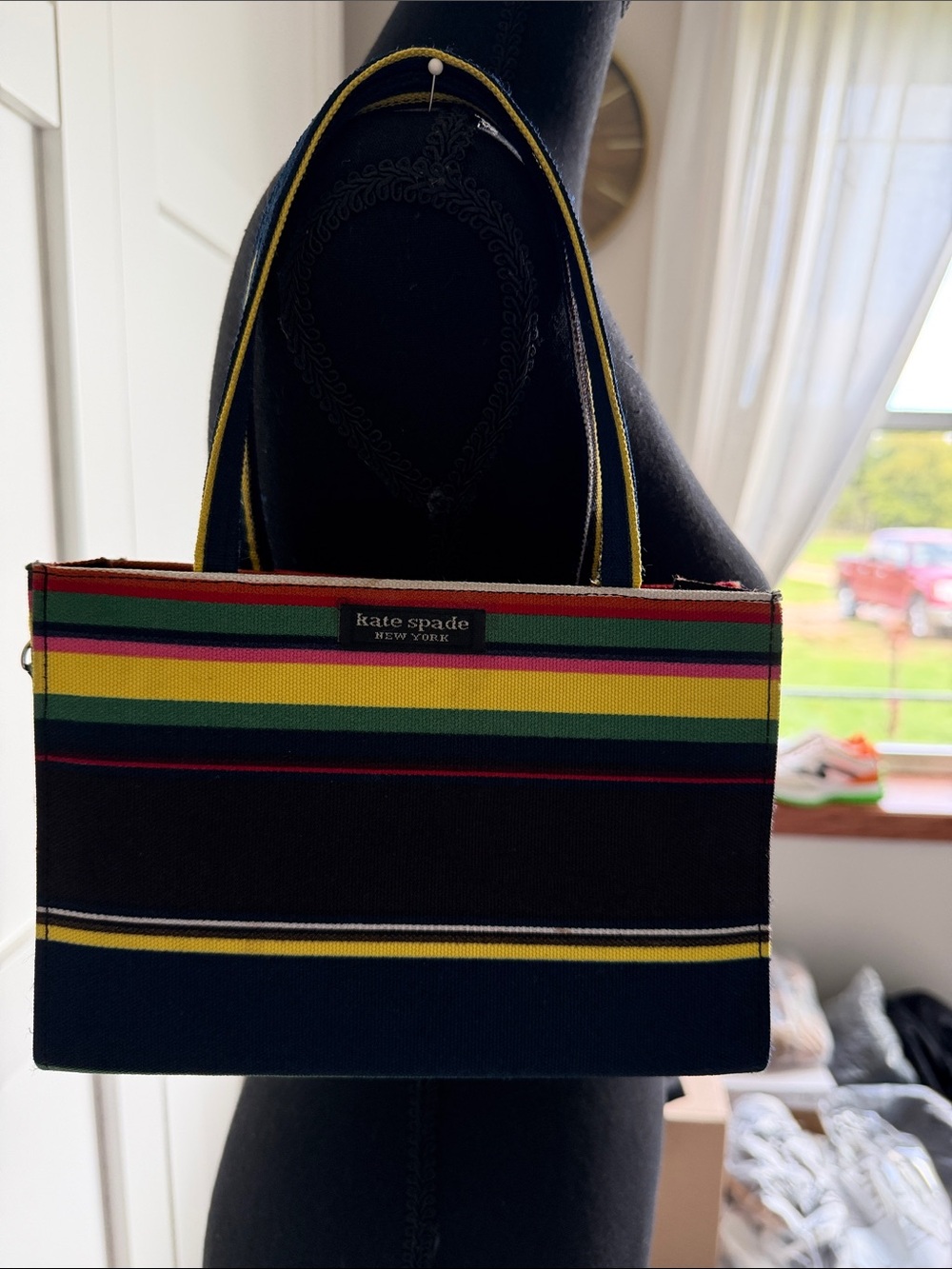 kate spade Black Multicolor Striped Canvas Tote Bag